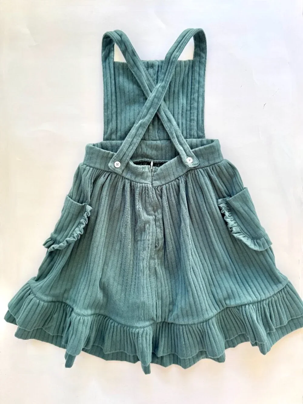 Kate Quinn Girls Sage Ribbed Pinafore Dress Sz 4T Crossback Ruffle